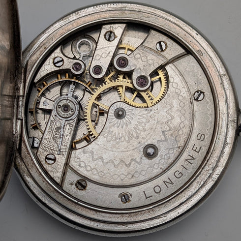 1908年頃 アンティーク ロンジン 懐中時計 フローラル彫刻 銀側ハンターケース 動作良好
